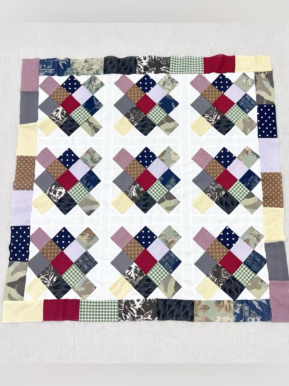 Handmade Scrappy Meadow Cross Patchwork Quilt Top 47x47"Pieced~BABY/BED/Wall Dec